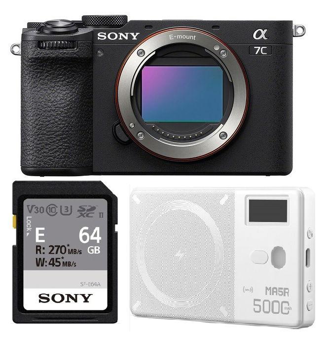كاميرا سوني α7C II المدمجة ذات الإطار الكامل (ILCE-7CM2/B) + هدية مجانية مصباح Godox MA5R RGB LED وبنك طاقة + بطاقة ذاكرة Sony UHS-II SDXC سعة 64 جيجابايت من سلسلة E