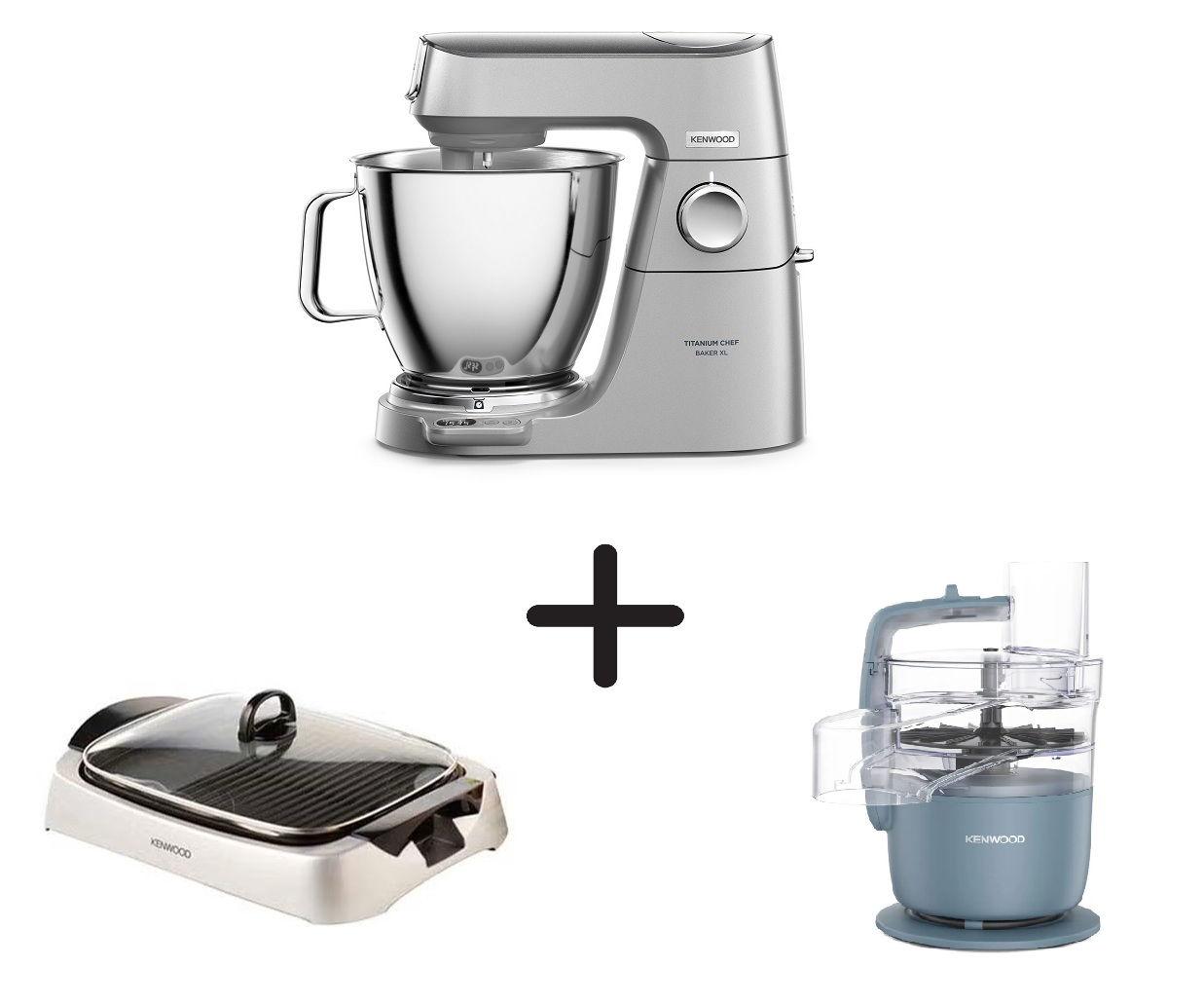 كينوود تيتانيوم شيف بيكر XL، 1200 واط، وعاء سعة 6.7 لتر، KVL85.004SI + كينوود هيلث جريل، 2000 واط، تحكم متغير في درجة الحرارة، HG266006 + كينوود محضر طعام، مالتي برو جو، 650 واط، وعاء سعة 1.3 لتر، FDP22.130GY
