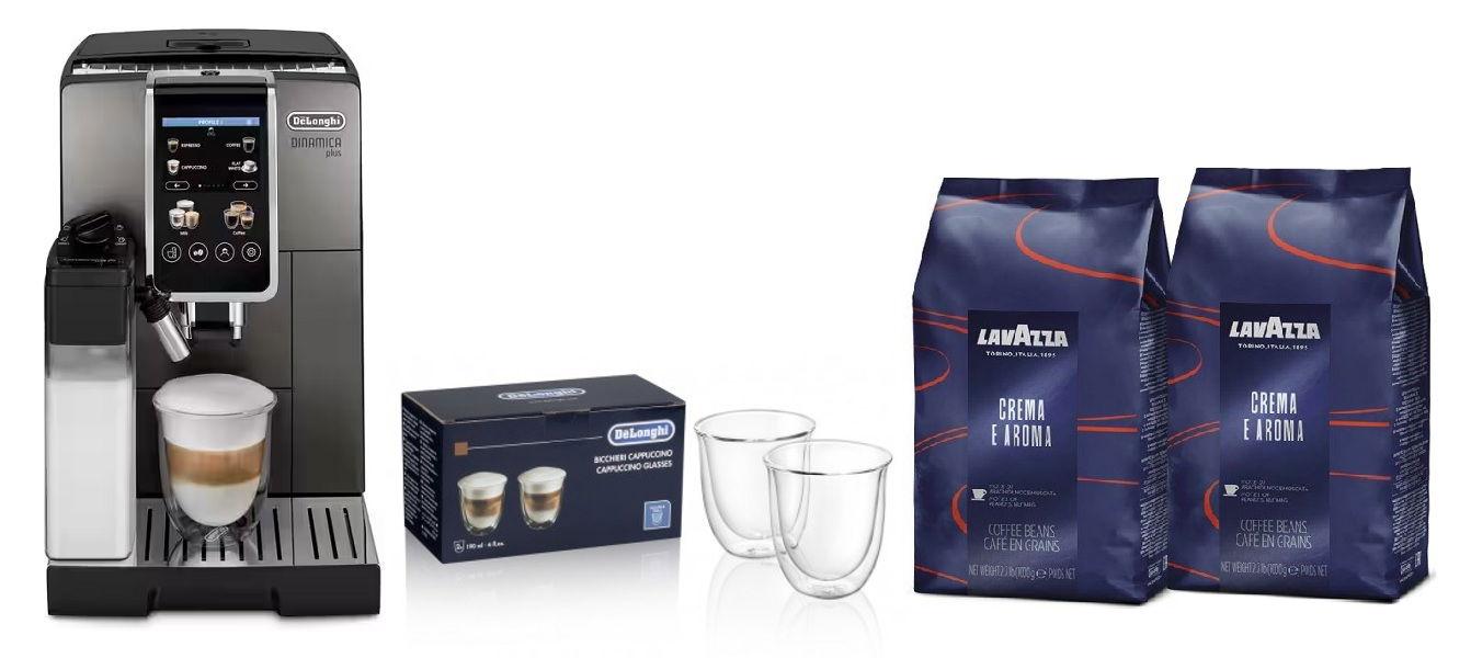 ماكينة صنع القهوة ديناميكا بلس من ديلونجي، أوتوماتيكية بالكامل، 24+ وظيفة، 1450 واط، 1.8 لتر + هدية مجانية حبوب لافازا كريما إي أروما 2 كيلو + طقم أكواب كابتشينو ديلونجي 190 مل