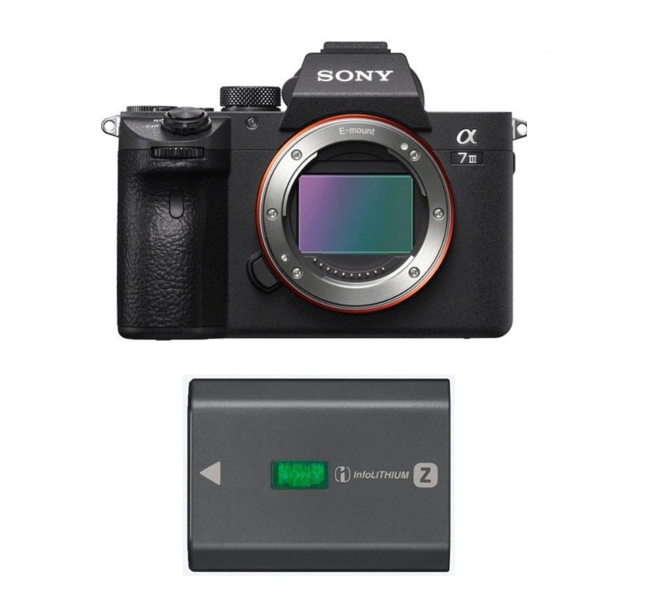 كاميرا سوني a7 III الرقمية، الهيكل فقط، ILCE-7M3 + بطارية قابلة لإعادة الشحن من سلسلة Z من سوني، NP-FZ100