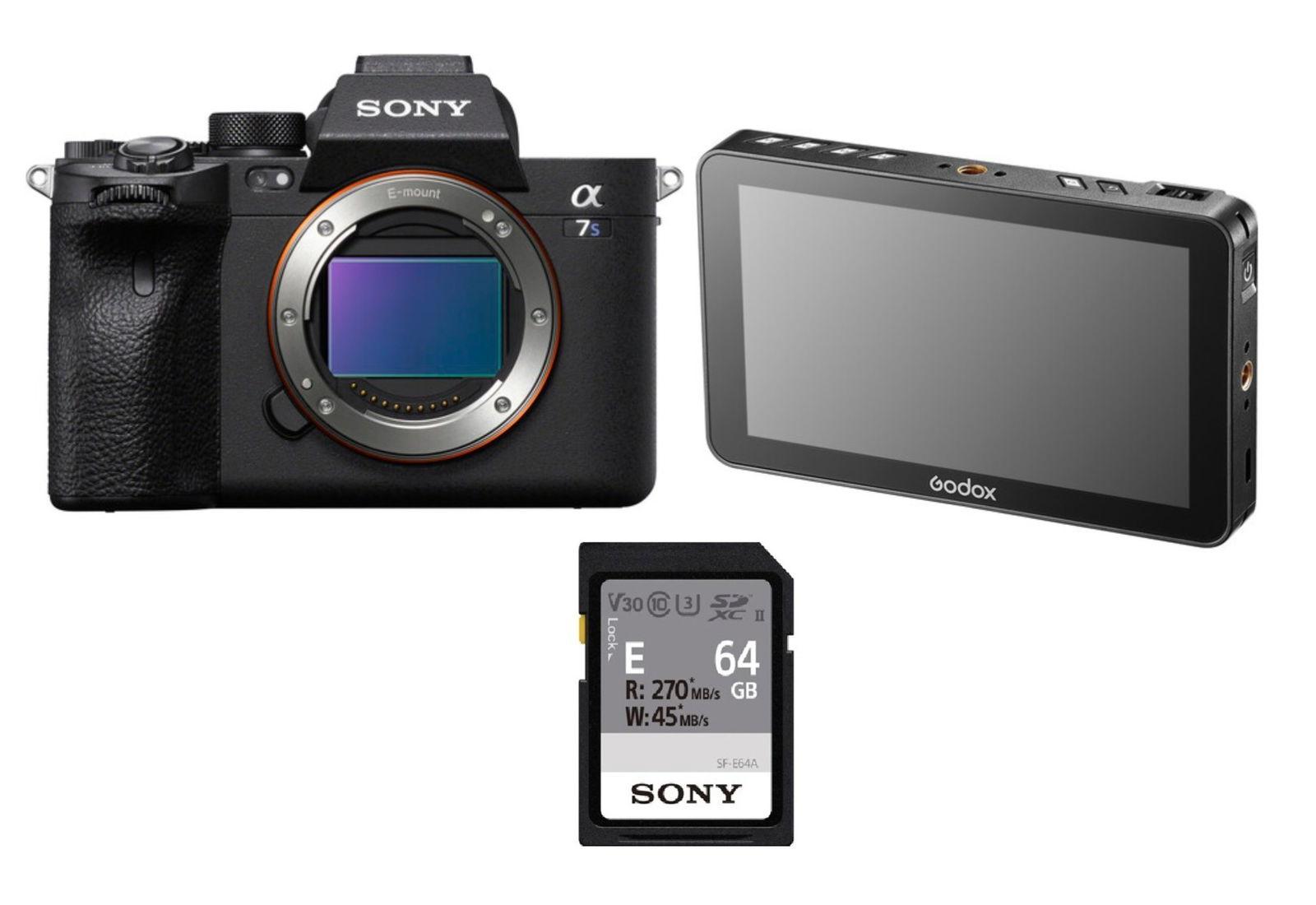 كاميرا سوني ألفا 7s III هيكل الكاميرا فقط، ILCE-7SM3 + هدية مجانية شاشة Godox GM6S 4K HDMI فائقة السطوع مقاس 5.5 بوصة + بطاقة ذاكرة Sony E Series UHS-II SDXC سعة 64 جيجابايت
