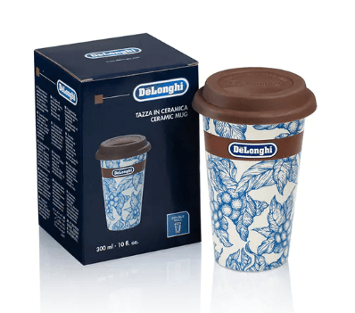 De'Longhi Travel Mug Double Wall Thermos for Hot and Cold Drinks, Easy to Carry, Silicone Non-Slip Case, 300ml Capacity, DLSC064, Blue Flower