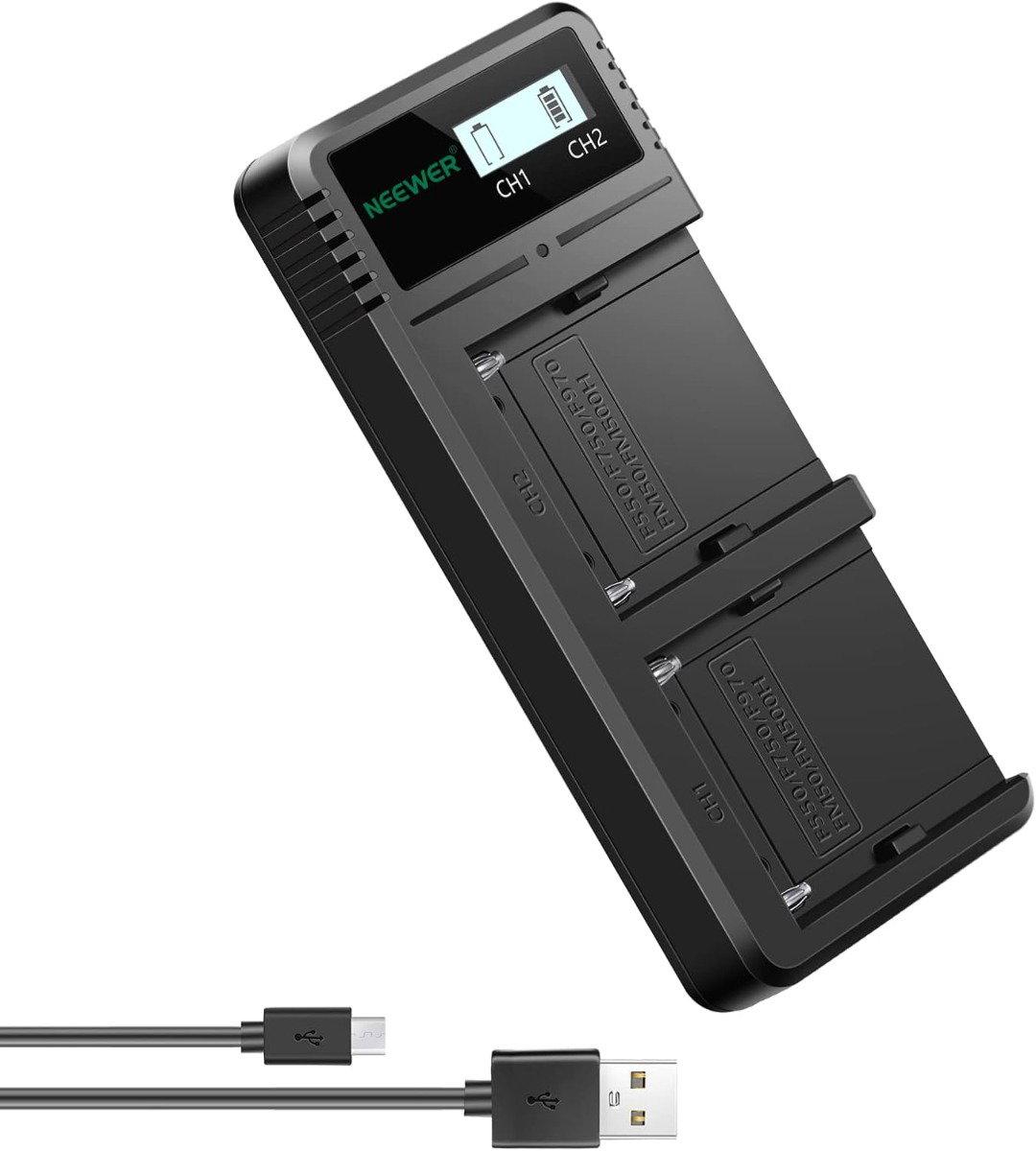 شاحن بطارية مزدوج من نيوير لسوني متوافق مع بطاريات NP-F من سوني، مع شاشة LCD، وخيارات شحن متعددة