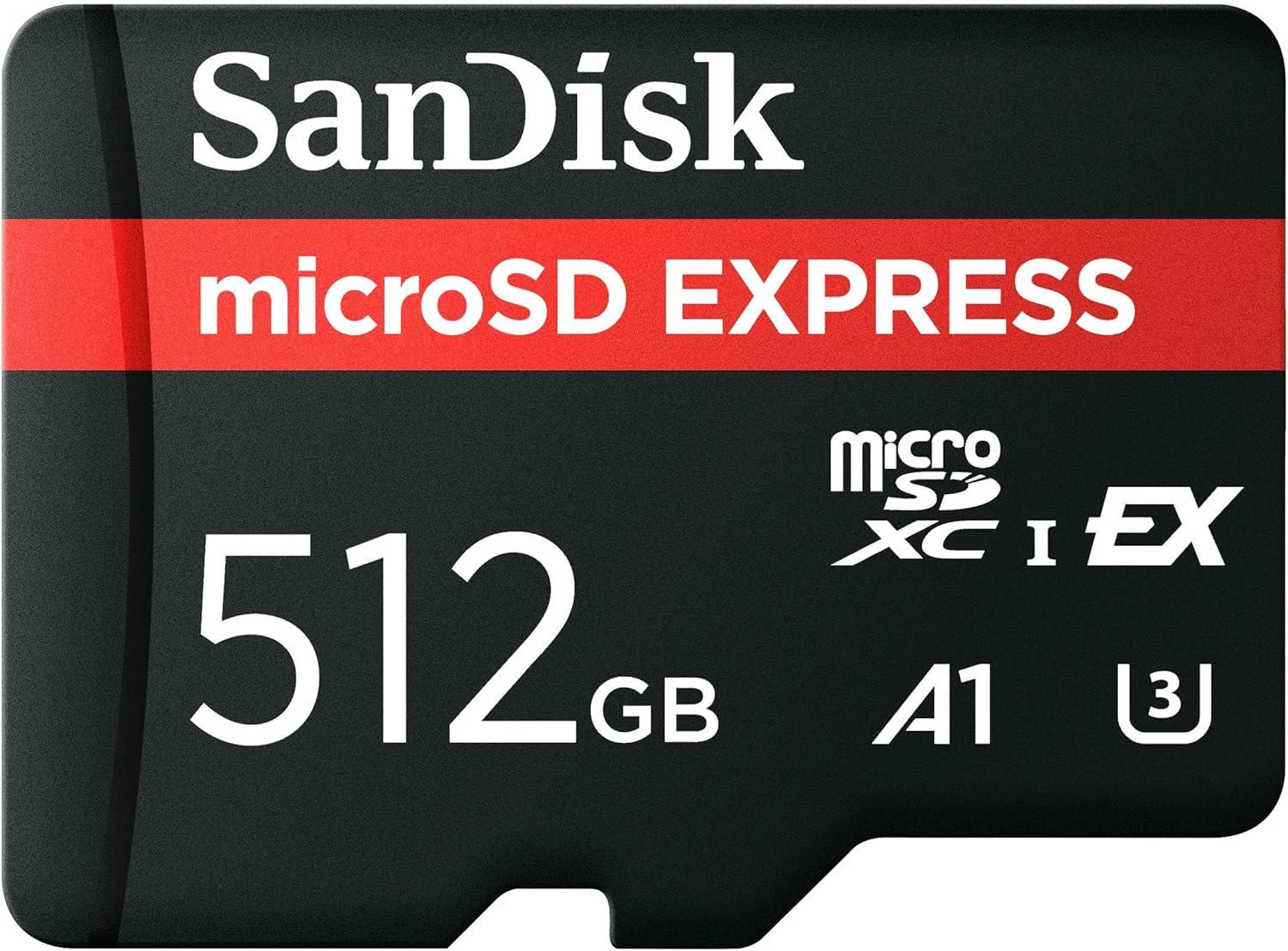 بطاقة سانديسك إكسبريس microSD، سعة 512 جيجابايت، سرعة قراءة تصل إلى 880 ميجابايت/ث، سرعة كتابة تصل إلى 650 ميجابايت/ث، كتابة مستدامة تصل إلى 220 ميجابايت/ث، SDSQXFN-512G-GN4NN