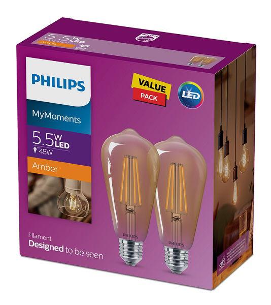 علبة توفير مصباح فيليبس ليد كلاسيكي ذهبي 5.5 واط عدد 2 غير قابل للخفت