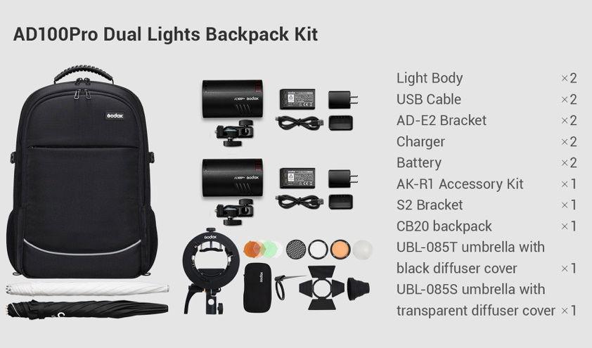 مجموعة حقيبة الظهر AD100Pro من جودوكس ثنائية الإضاءة (AD100PRO-KIT-2)