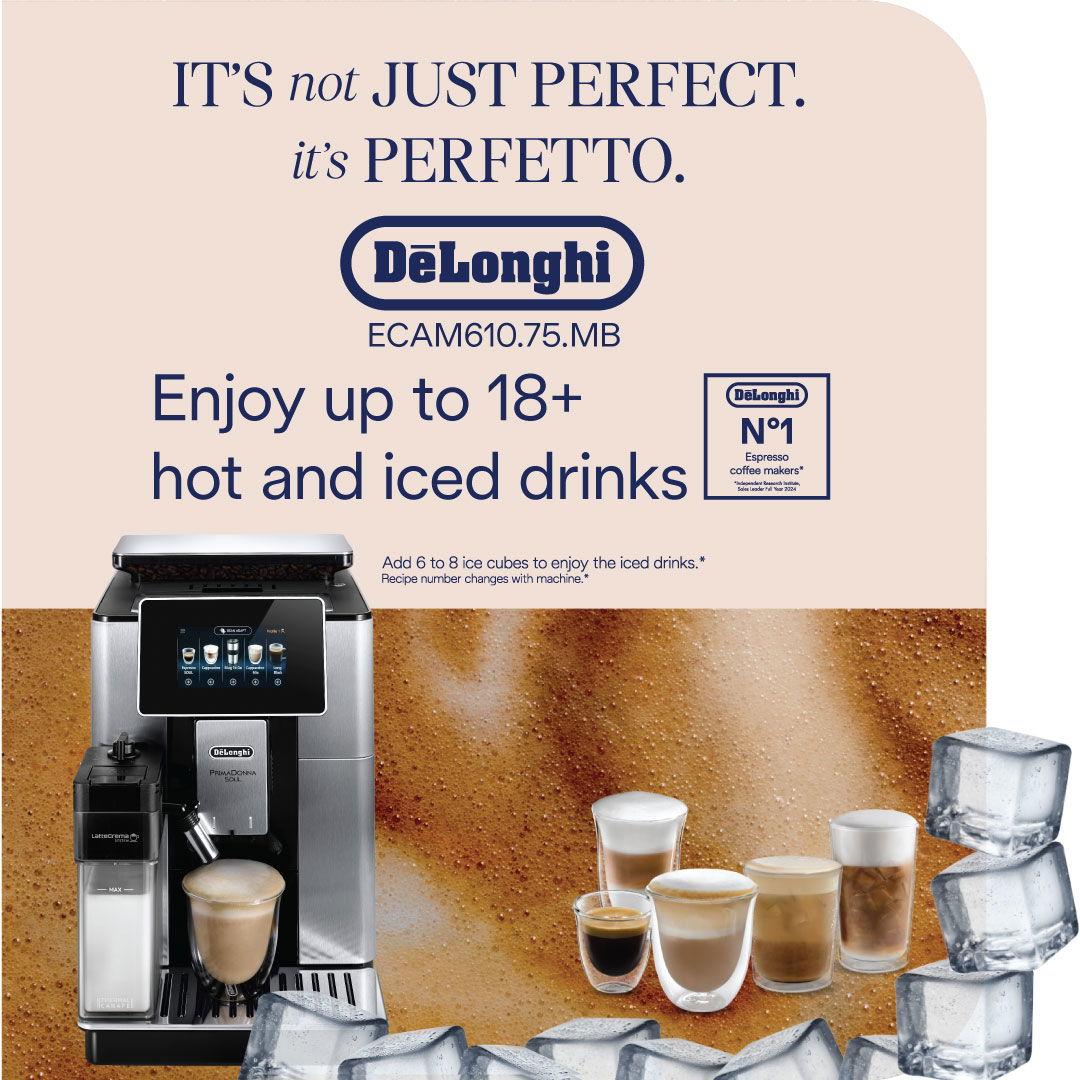 ماكينة قهوة ديلونجي بريمادونا سول الأوتوماتيكية بالكامل، من الحبوب إلى الكوب، مطحنة مدمجة، رغوة حليب أوتوماتيكية لاتيه كريما هوت، 1440 واط، 2.2 لتر، 15 بار، شاشة لمس، إمكانية الاتصال بالتطبيق، ECAM610.75.MB، فضي