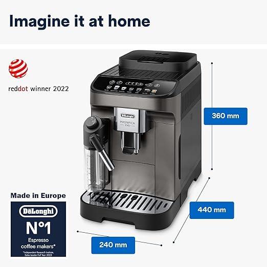 ماكينة قهوة ديلونجي ماجنيفيكا إيفو الأوتوماتيكية بالكامل، من الحبوب إلى الكوب، مثالية لتحضير الإسبريسو، أمريكانو، كابتشينو، لاتيه، ماكياتو، والعديد من وصفات القهوة الأخرى، 9+ وظائف، 1450 واط، 1.8 لتر، 15 بار، ECAM290.81.TB، تيتانيوم وأسود.