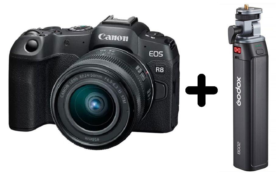 كاميرا كانون EOS R8 مع عدسة RF24-50mm F4.5-6.3 IS STM + هدية مجانية قبضة بطارية Godox، رأس إمالة 160 درجة، سعة 95 واط/ساعة، أسود، BG02
