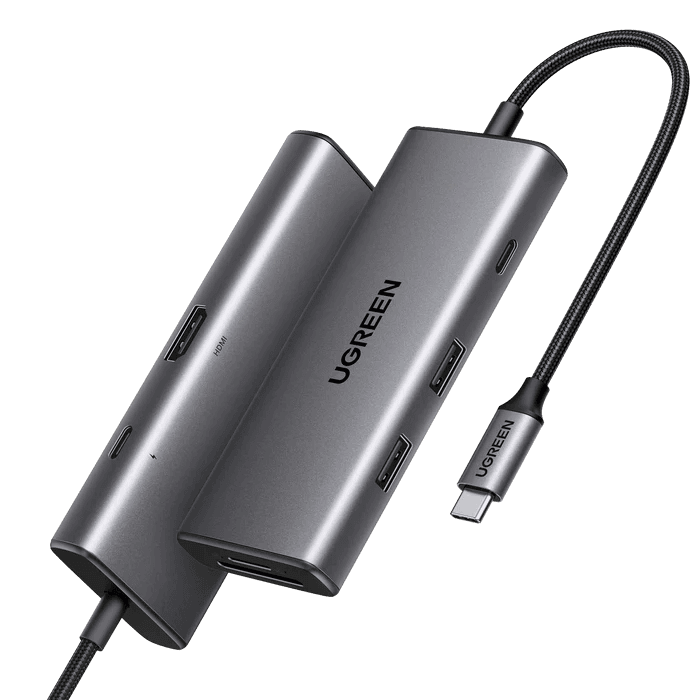 يوجرين موزع ريفودوك برو 107، 7 في 1، منفذ USB-C، محول إيثرنت جيجابت، منفذ HDMI بدقة 4K، شحن سريع بقوة 100 واط، 15598، رمادي