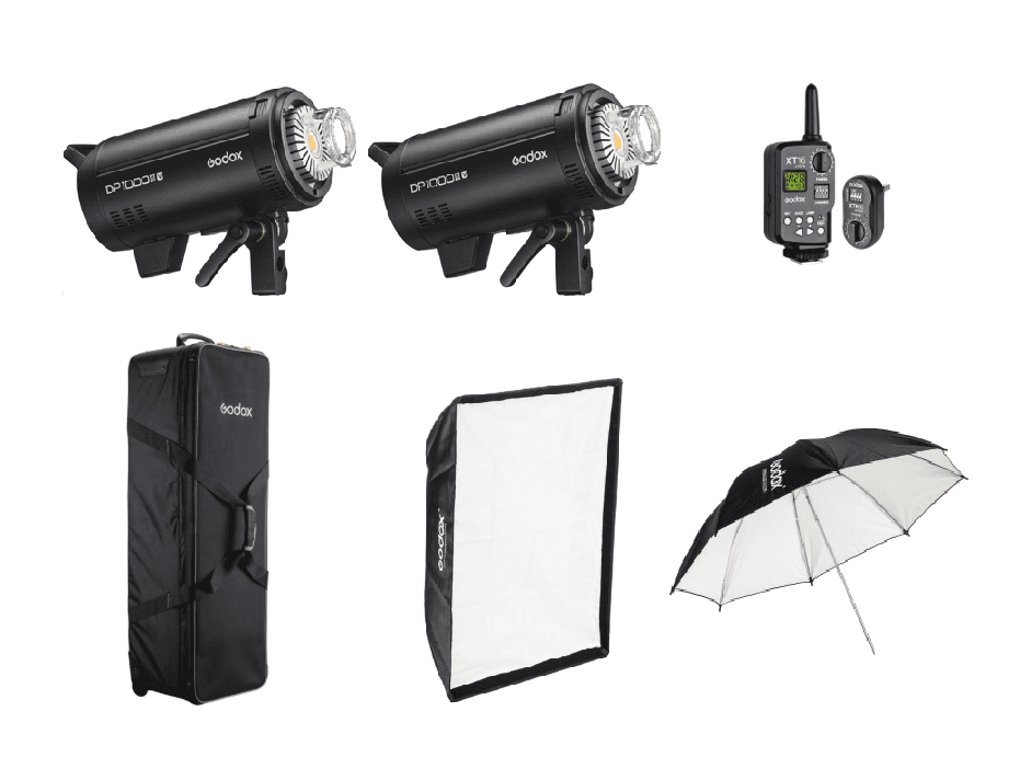 مجموعة فلاش استوديو Godox الاحترافية، 2x فلاش احترافي DPIIIV، وملحقات متنوعة، DP1000IIIV KIT، أسود