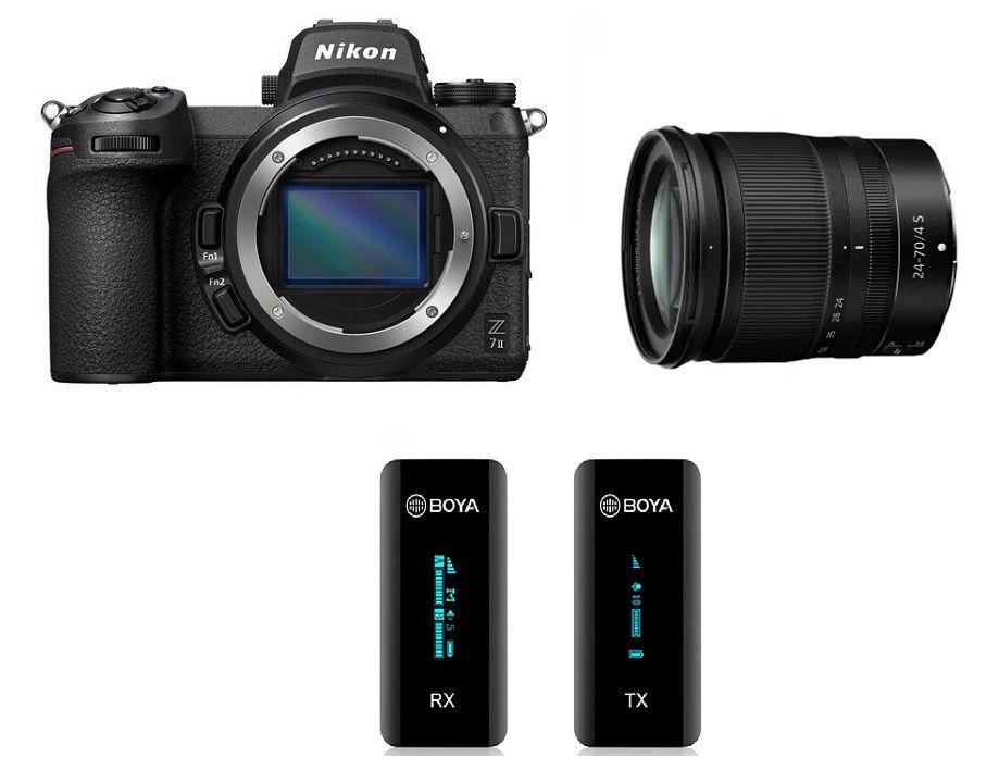 كاميرا نيكون Z7ii هيكل فقط، VOA070AM + عدسة نيكون 24-70 مم f/4 S + هدية مجانية ميكروفون 2.4GHz لاسلكي صغير ومدمج من بويا، BY-XM6-S1
